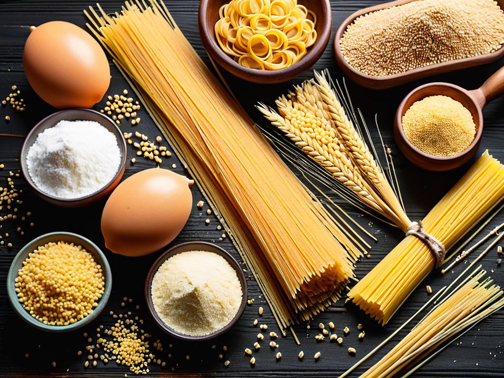 Ингредиенты для спагетти - семолина, зерна пшеницы, мука крупным планом