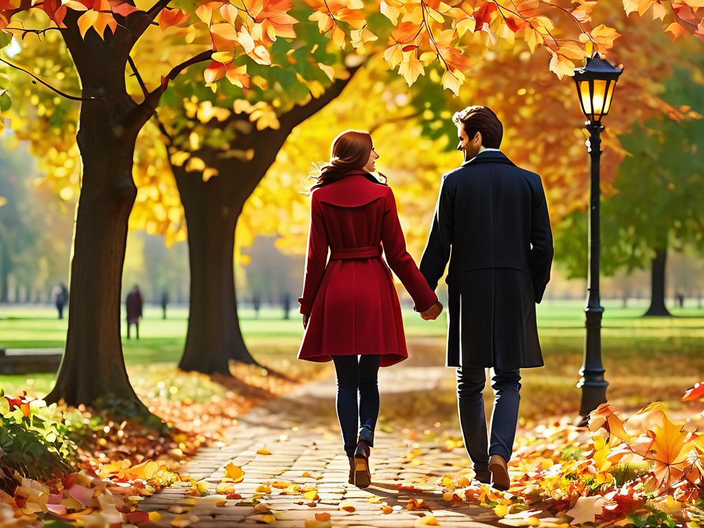 Пара идет за руки по осеннему парку возрождая романтику