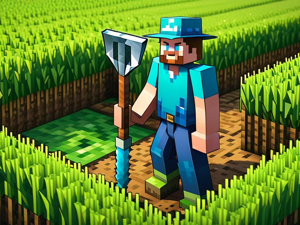 Персонаж фермер использует алмазную мотыгу на пшеничной ферме в Майнкрафт
