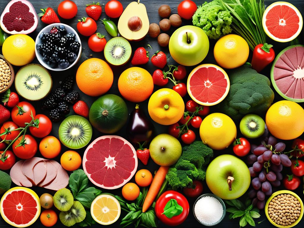 Разнообразные продукты питания овощи фрукты мясо