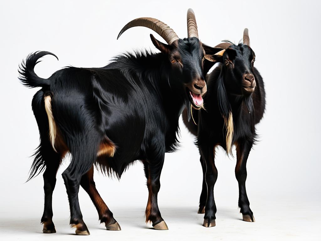 Черная бодливая коза с разведенными в стороны рогами на белом фоне