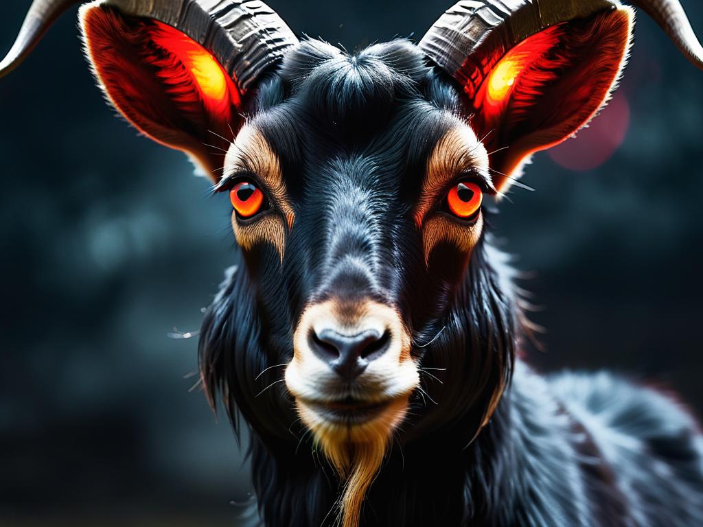 Черная коза смотрит прямо на зрителя красными горящими глазами, концепция серьезных проблем