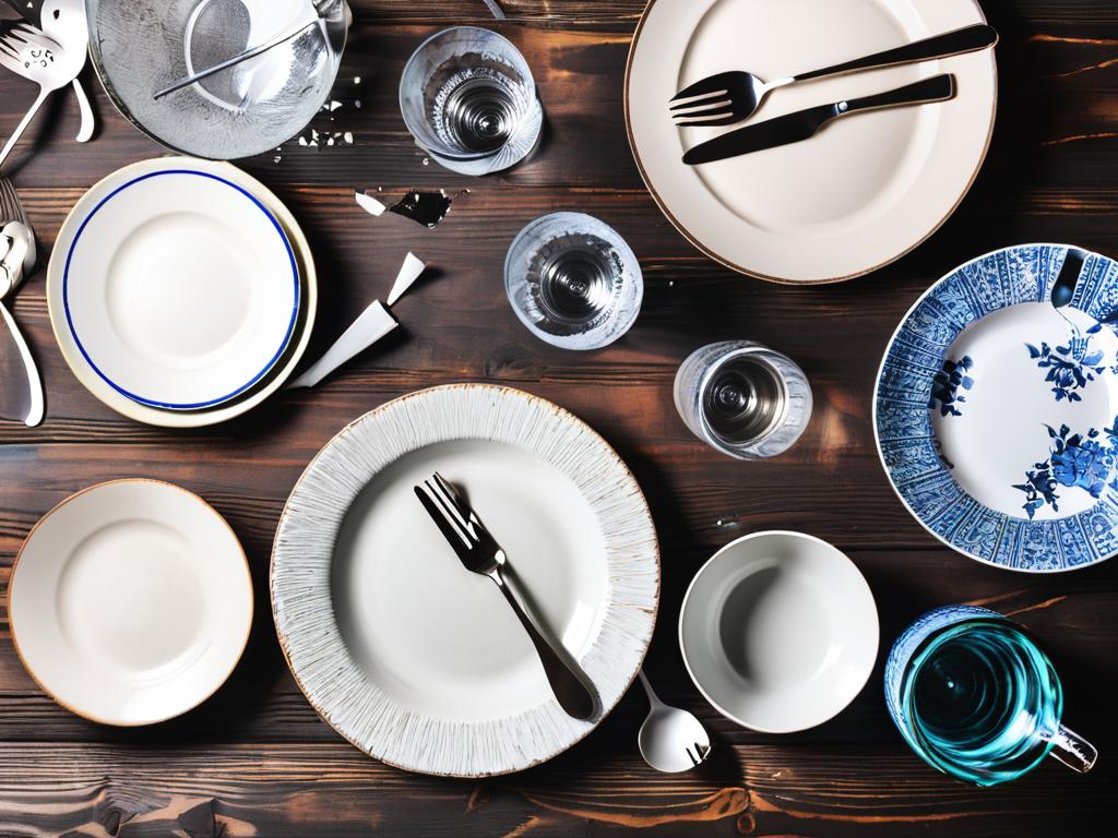 Разбитая кухонная посуда - тарелки, чашки, стаканы на деревянном столе