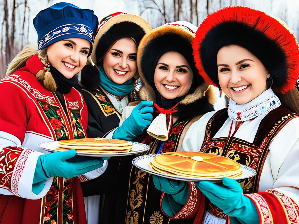 Люди в русских народных костюмах празднуют Масленицу на улице, едят блины