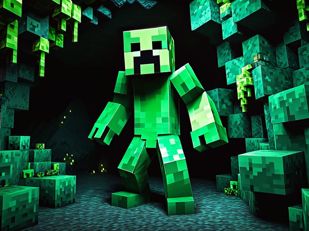 На изображении зеленый крипер из Майнкрафта стоит в темной пещере