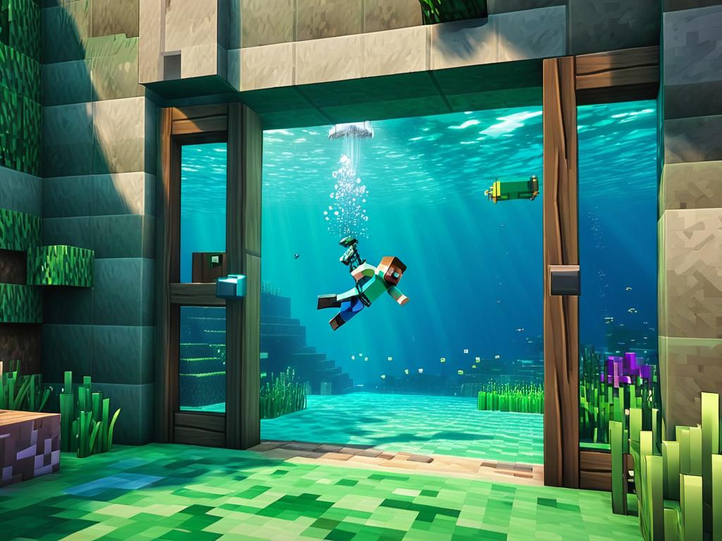 На изображении Стив из Майнкрафта под водой использует дверь, чтобы подышать