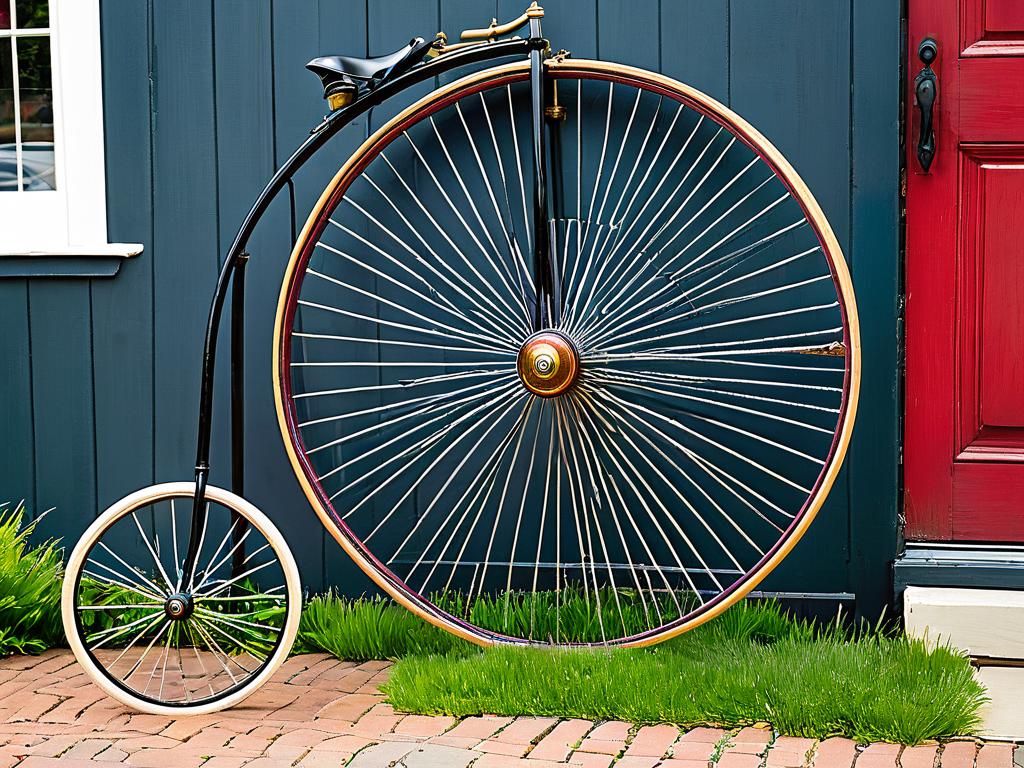 Старинный велосипед с большим передним колесом, известный как пенни-фартинг