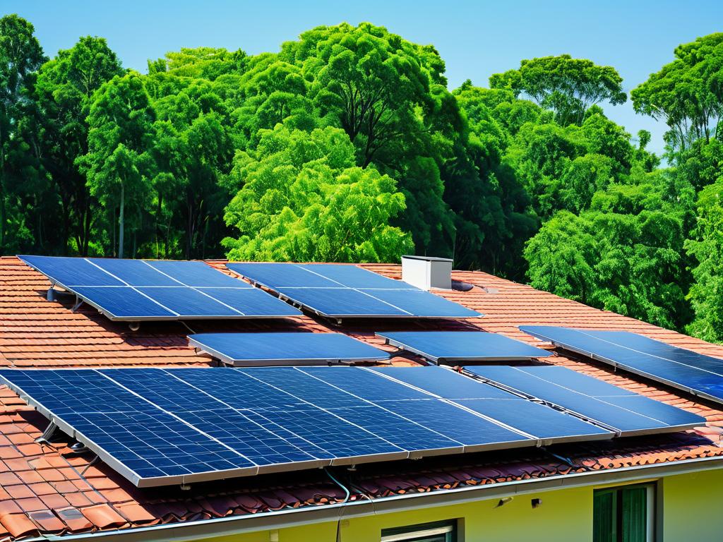 Солнечные батареи на крыше здания на фоне деревьев. Возобновляемые источники энергии.