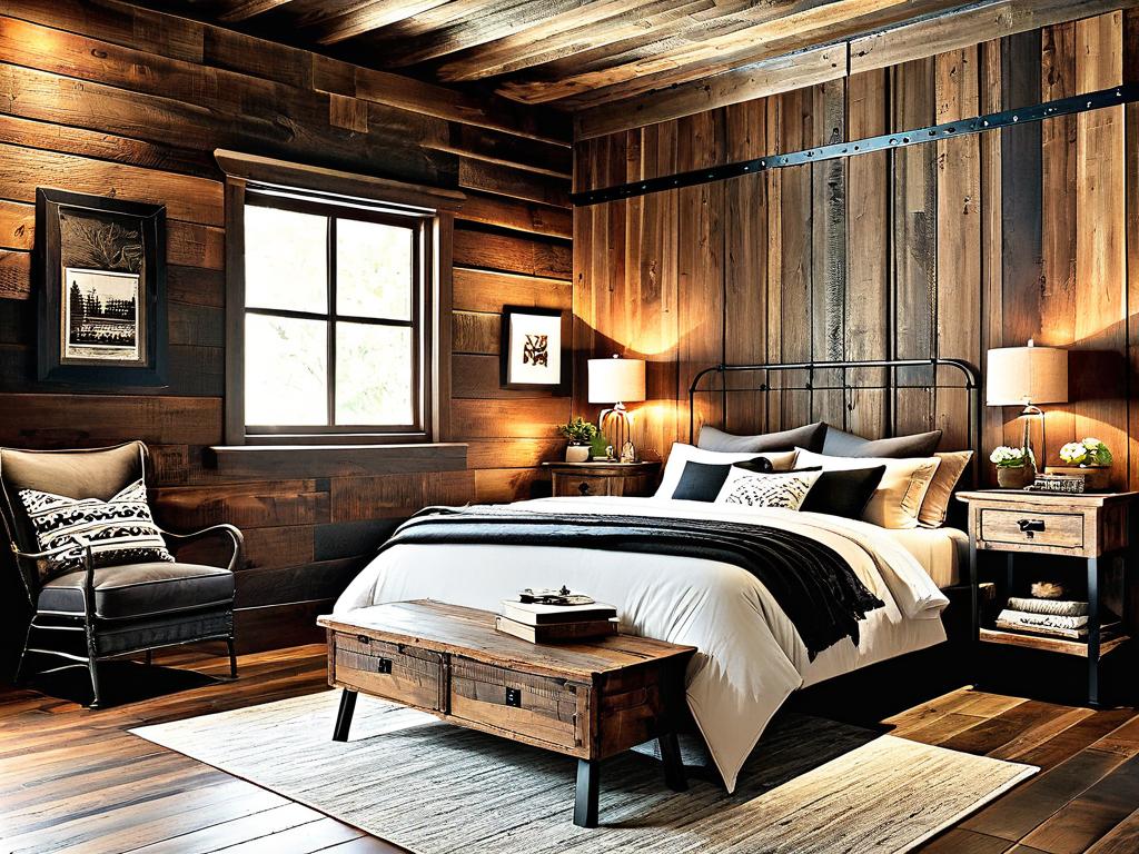 Уютная спальня с деревянными стенами, полом и деревенской деревянной мебелью, в том числе кроватью