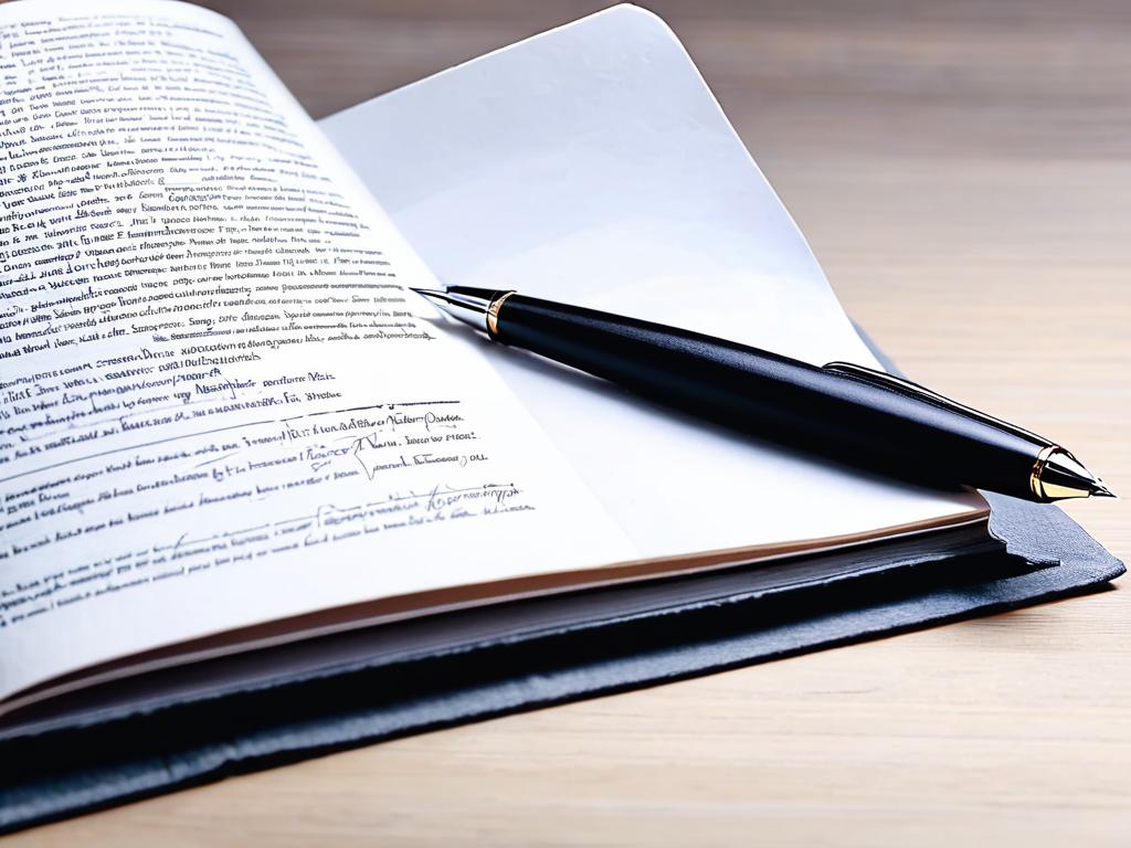Открытая книга рядом с ручкой и бумагой