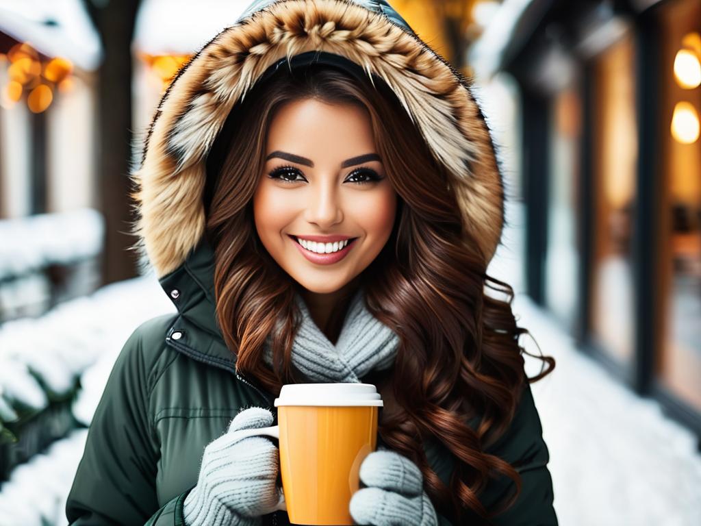Улыбающаяся девушка в теплом зимнем пуховике с капюшоном держит чашку кофе