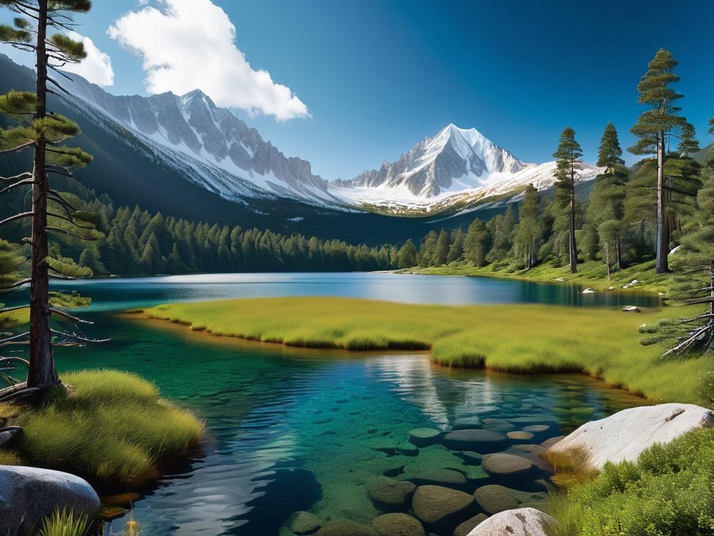Горное озеро в лесу с заснеженными вершинами