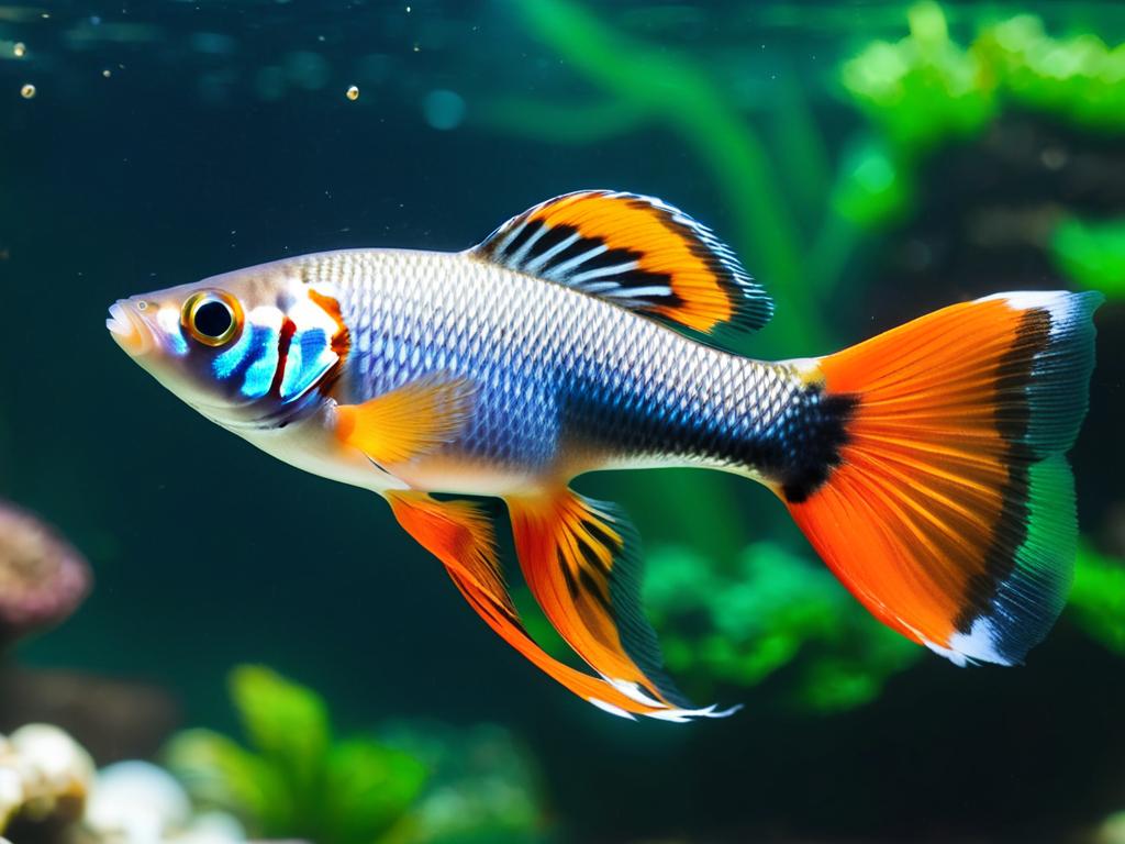 Красивый самец гуппи с ярким оранжевым хвостом плавает в аквариуме