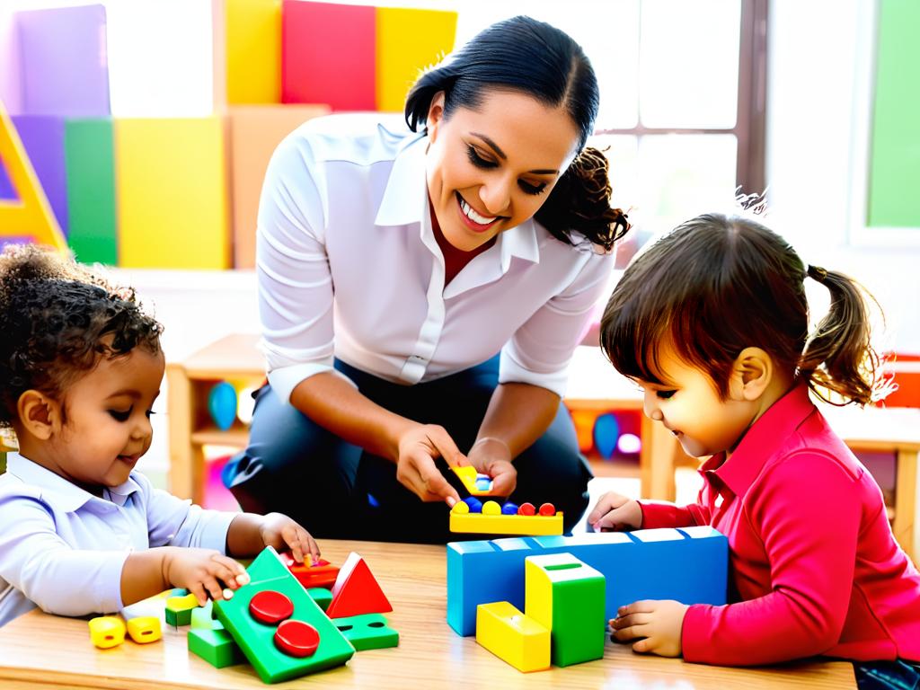 Воспитатель с детьми дошкольного возраста играют с математическими игрушками во время занятия