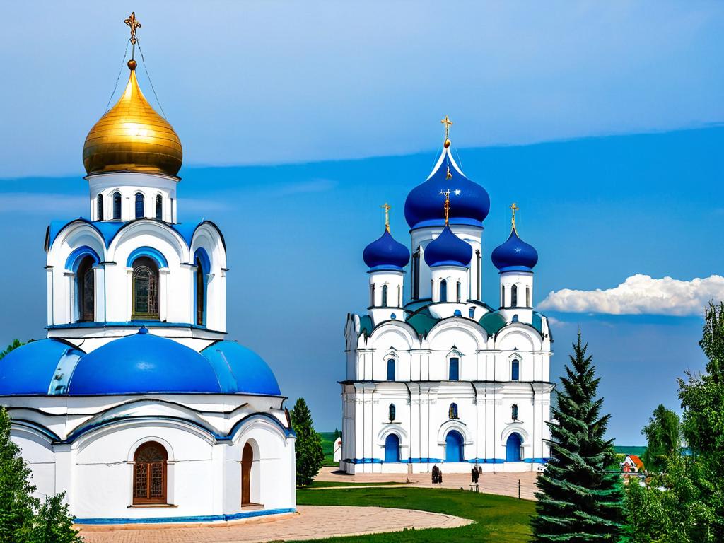 Вид на белый с золотом Спасо-Преображенский собор с голубыми куполами в Переславле Залесском