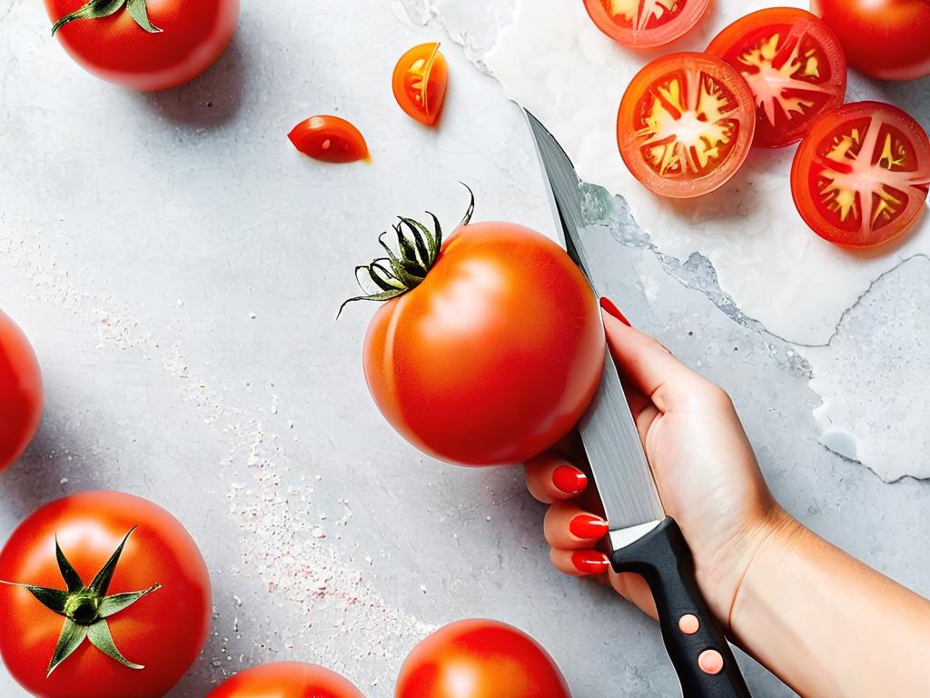 Рука женщины держит помидор и снимает с него кожуру ножом