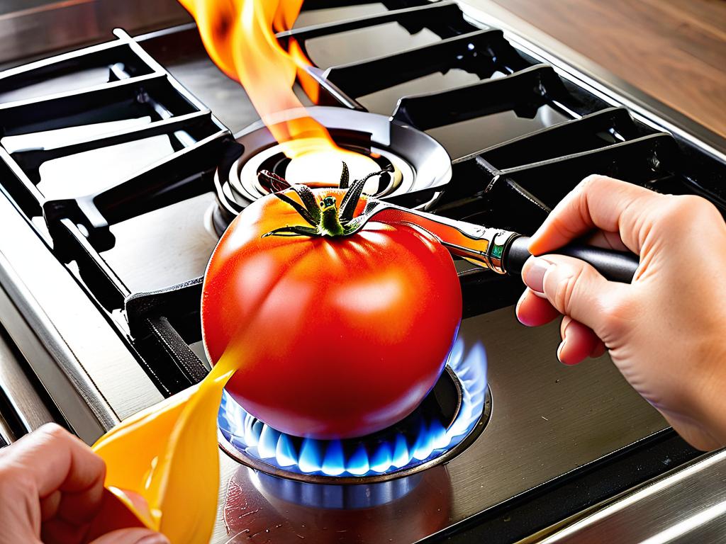 Процесс обжаривания помидора над газовой горелкой для ослабления кожуры
