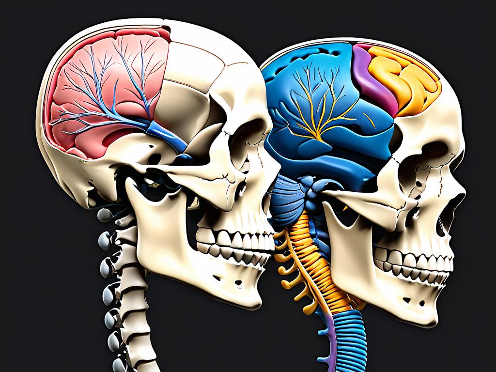 Схема, показывающая кости черепа, спинной мозг, цереброспинальную жидкость, соединяющие череп и