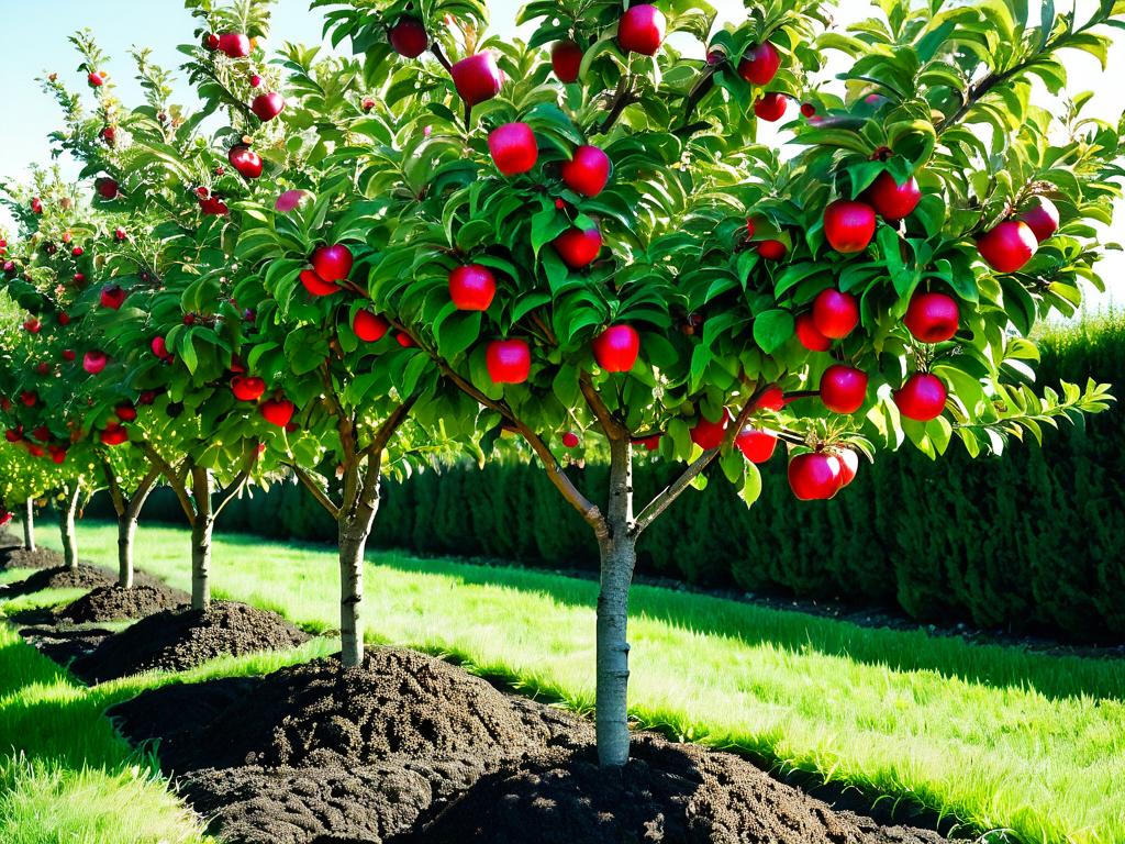 Карликовые яблони, посаженные на минимальном расстоянии друг от друга для хороших урожаев