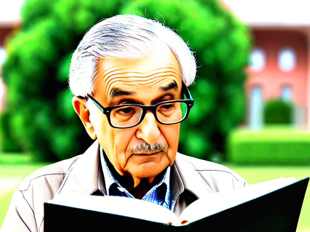 Пожилой мужчина в очках читает книгу