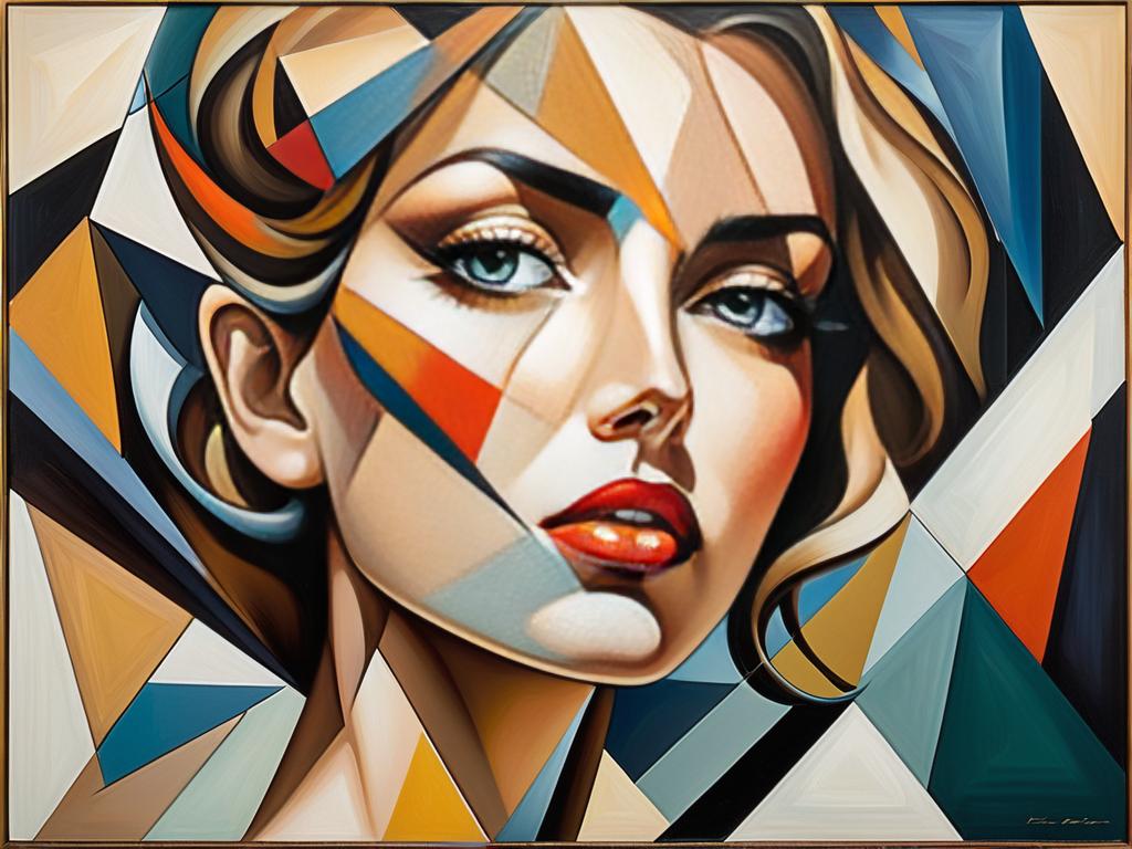 Кубистская картина, фрагментирующая и искажающая лицо женщины геометрическими плоскостями