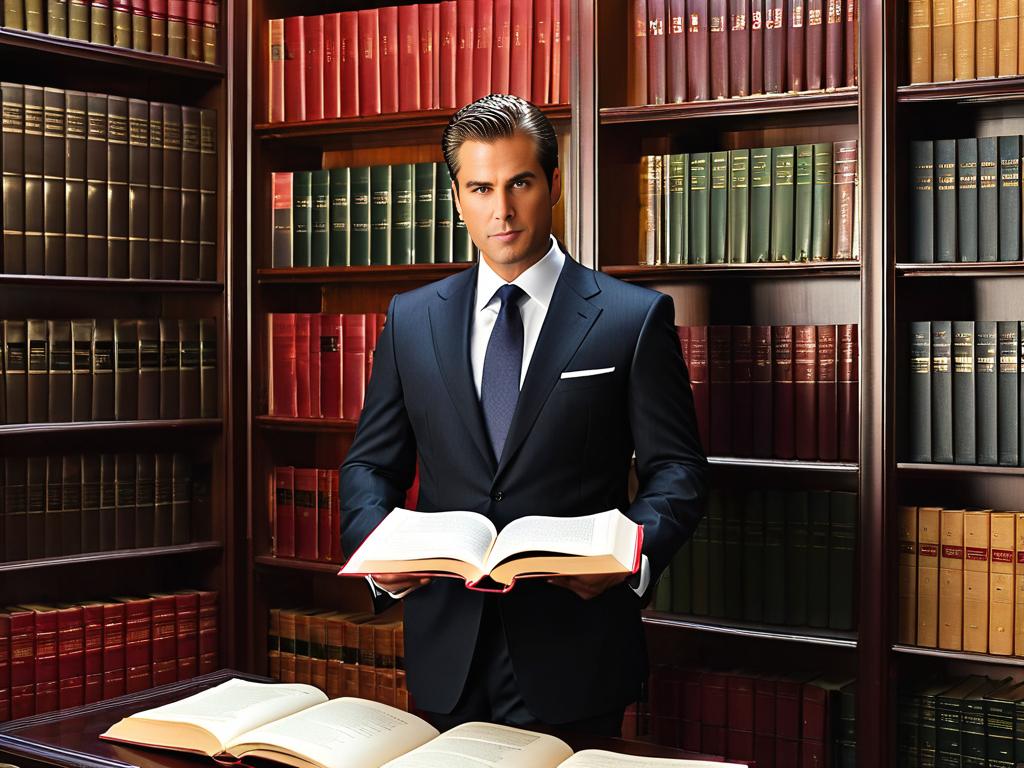 Адвокат в костюме стоит перед книжным шкафом, полным юридической литературы. Он указывает на