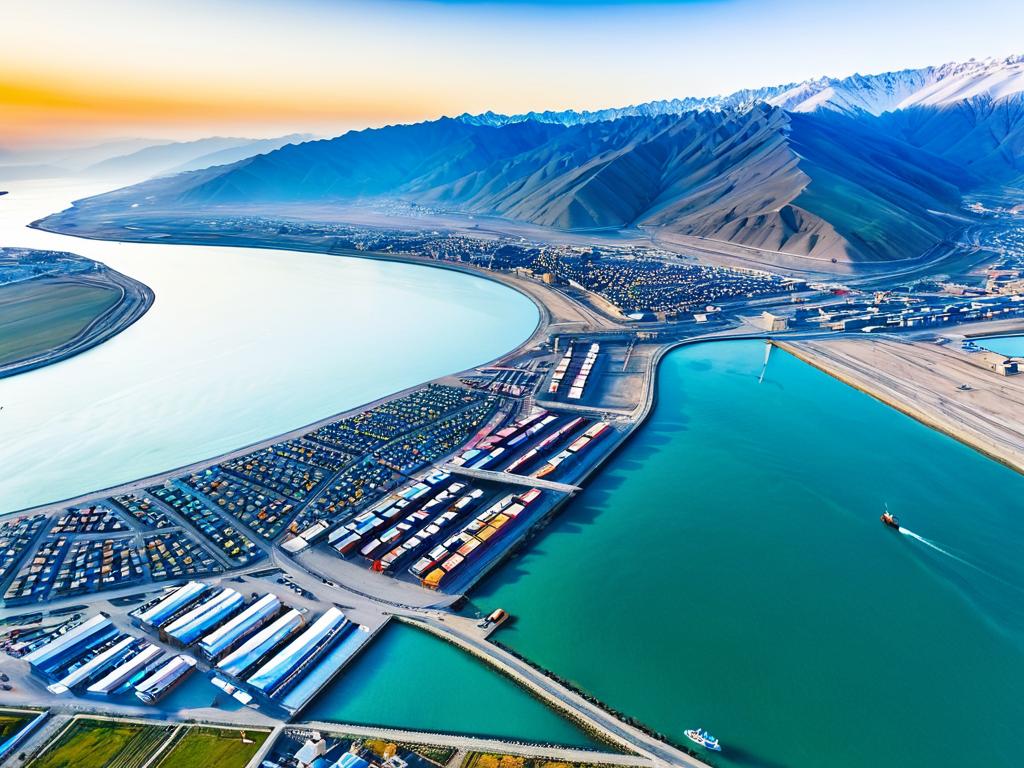 Панорамный вид сверху на город Каспийск и Каспийский морской порт в Дагестане, Россия