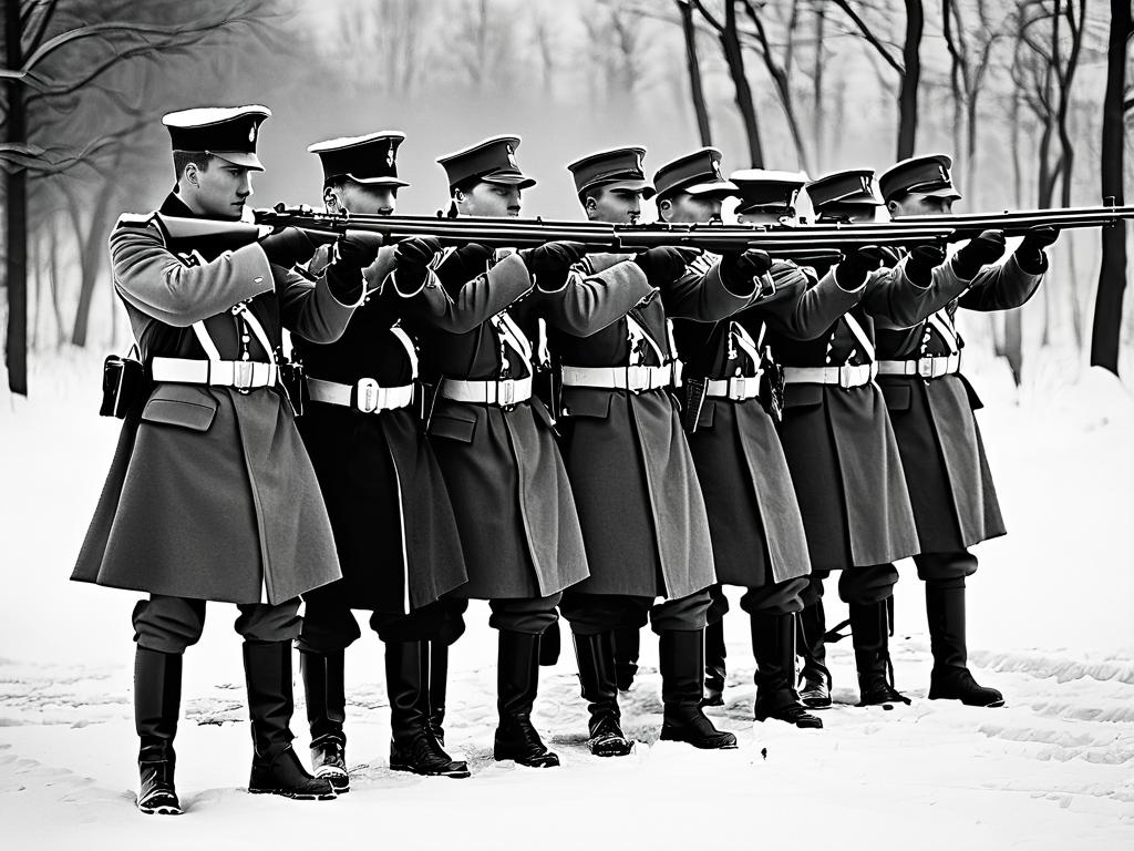 Черно-белая старая фотография группы солдат в зимней форме целящихся из винтовок