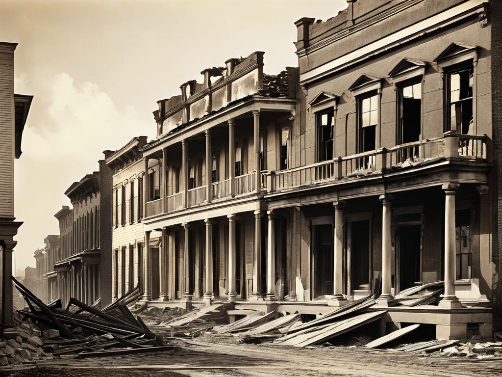Старая сепия фотография разрушенных зданий после боя в Гражданской войне