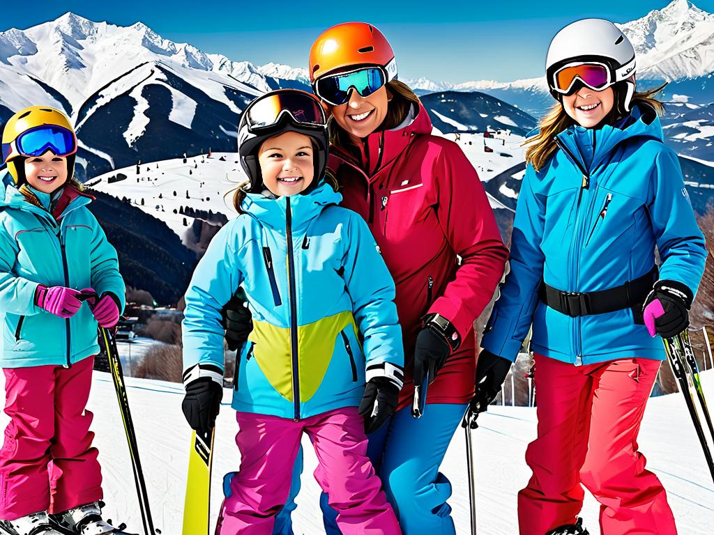 Семья с детьми катается на начальной трассе на горнолыжном курорте Италии