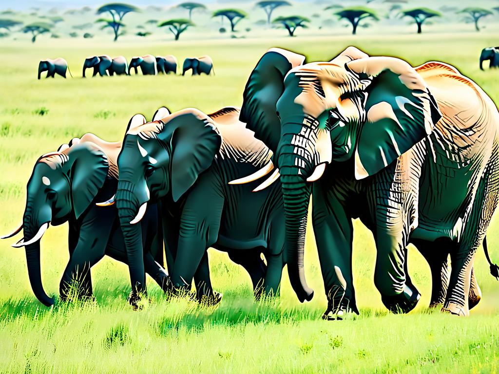 Стадо африканских слонов в саванне