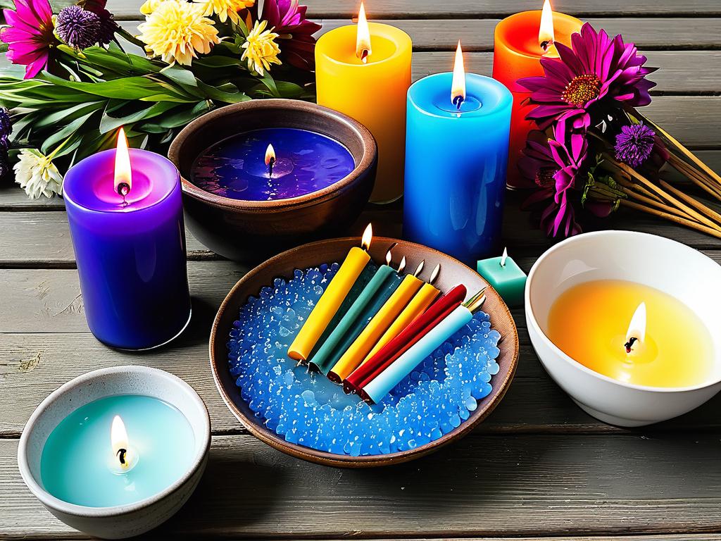 На столе стоят свечи, спички, тазик с водой, свечи разных цветов и цветы