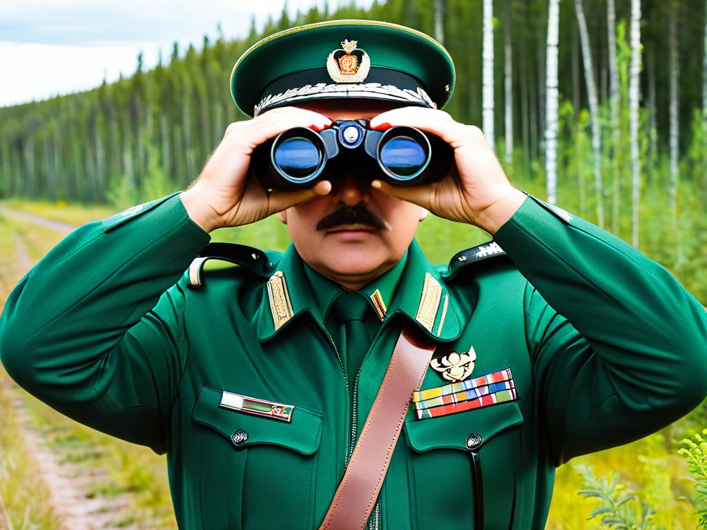 Пограничник с биноклем наблюдает за границей России с Финляндией