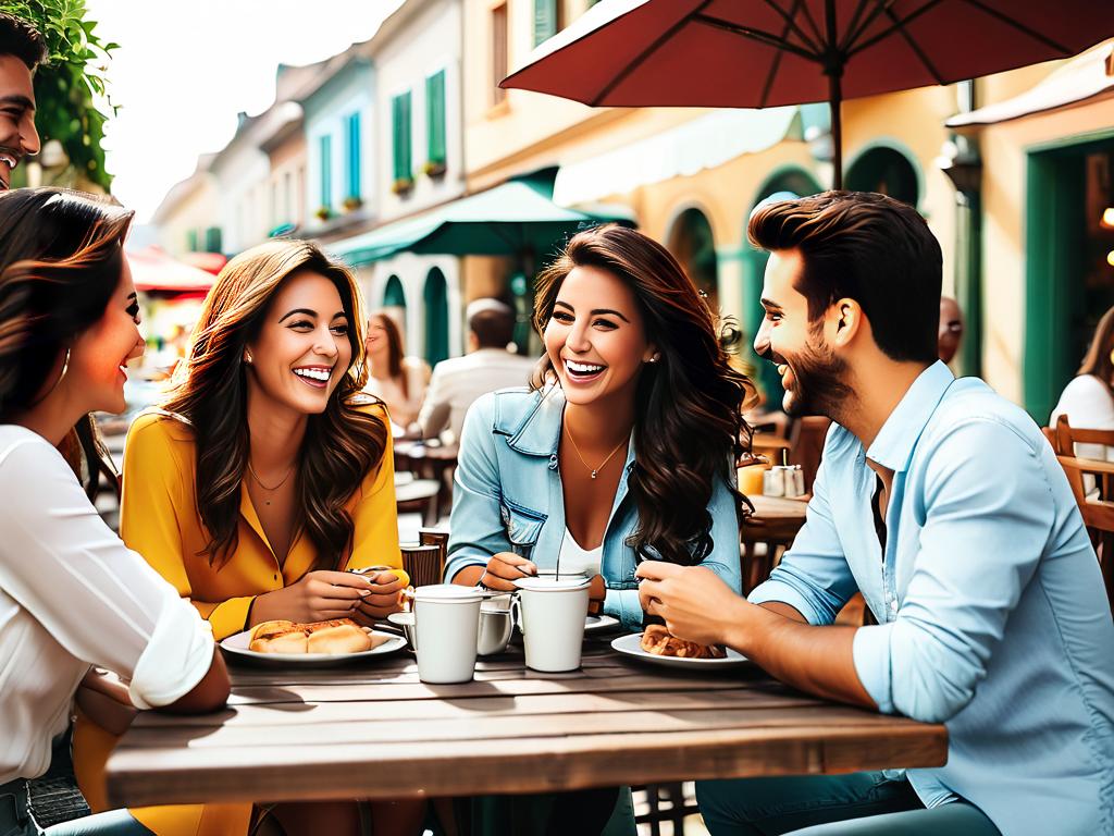 Подруги весело общаются за столиком кафе на улице