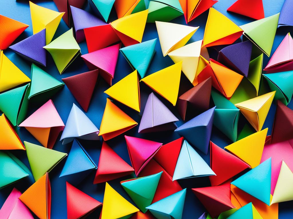 Стопка разноцветных бумажных треугольников для модульной вазы оригами