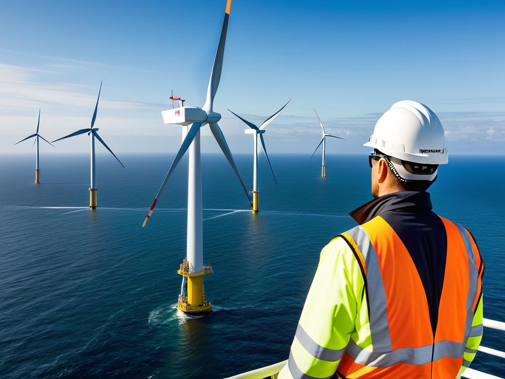 Инженер осматривает большую современную ветряную турбину в море