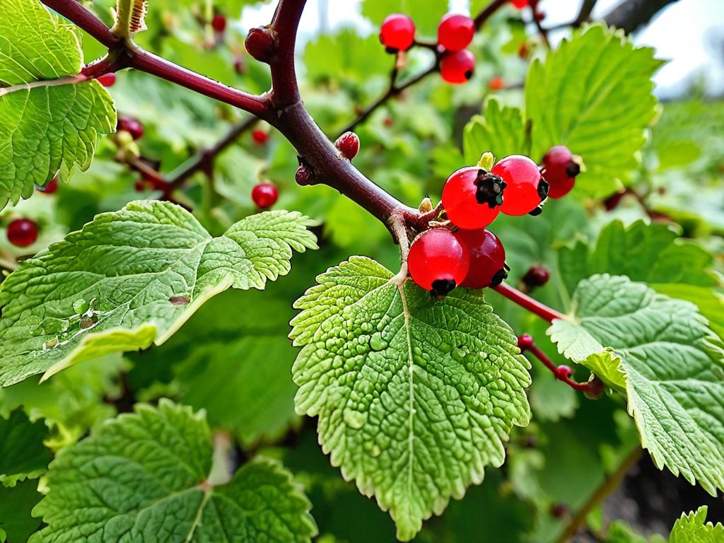 Куст красной смородины с увеличенными почками, пораженными клещом весной