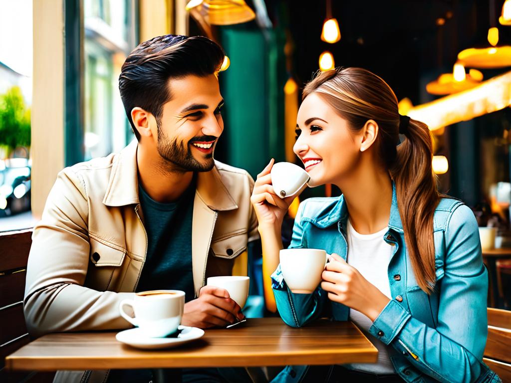Двое молодых привлекательных людей искренне беседуют за чашкой кофе