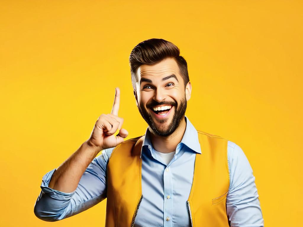 Портрет улыбающегося веселого мужчины, показывающего знак ОК на желтом фоне