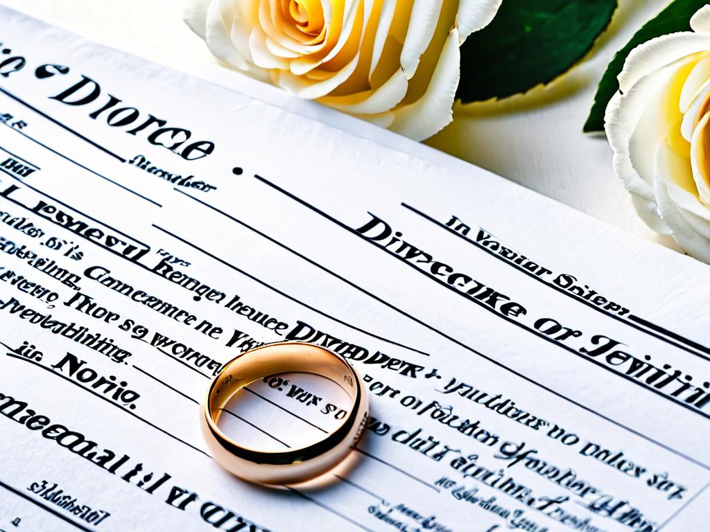 Бумаги о разводе на столе рядом с обручальным кольцом