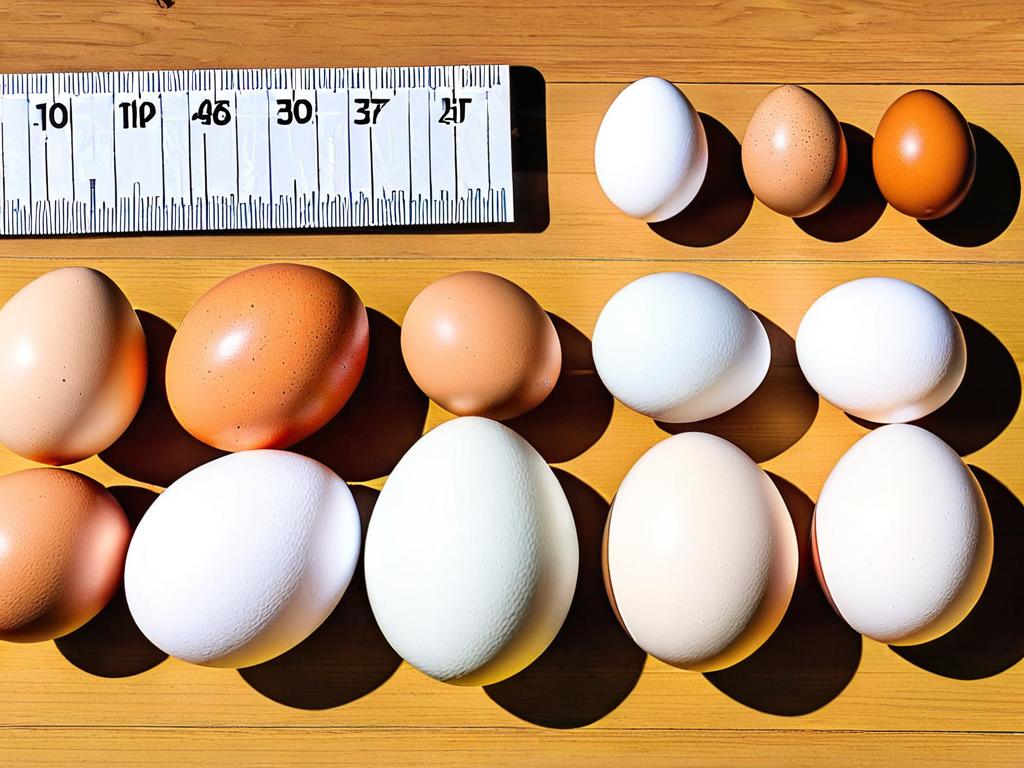 Яйца разного размера выстроены в ряд рядом с линейкой, чтобы показать их длину. Размеры варьируются