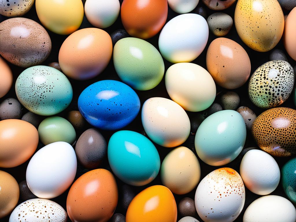 Яркие разноцветные яйца разных птиц, включая курицу, утку, гуса, перепела и страуса, показаны рядом