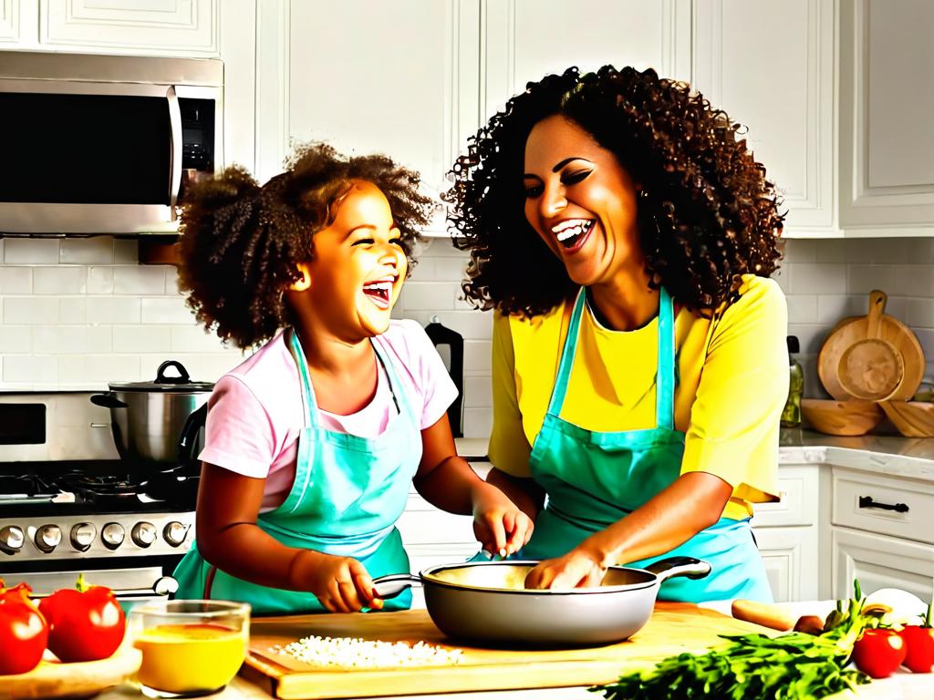 Мама и дочь смеются готовят еду на кухне