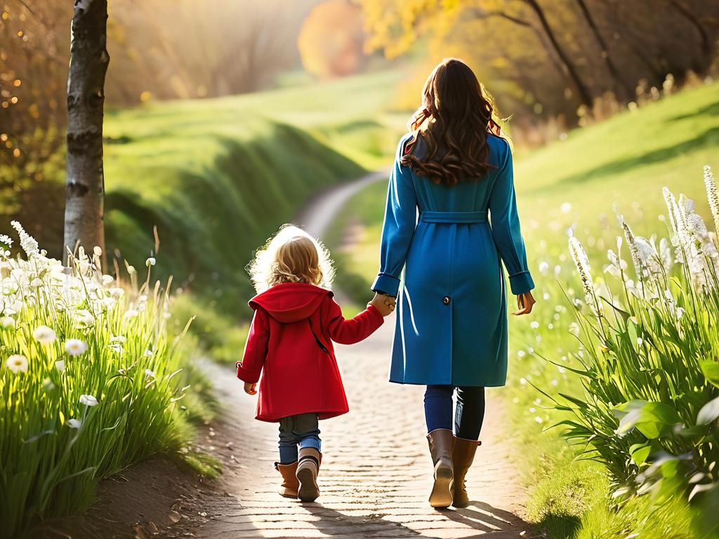 Ребенок гуляет с мамой на улице, держась за руку