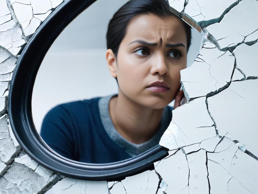 Человек смотрит на свое отражение в разбитом зеркале