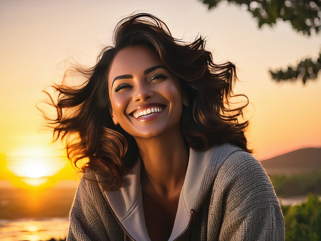 Женщина улыбается, глядя на восход солнца утром