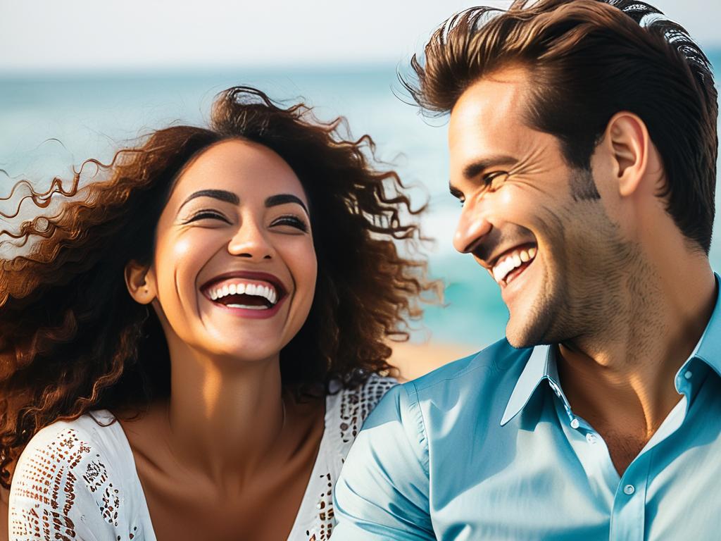 Мужчина и женщина смеются вместе, поддерживая зрительный контакт, что предполагает взаимный флирт