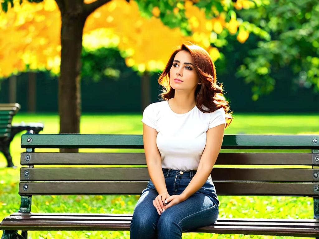 Женщина сидит на скамейке в парке и с грустью смотрит на землю