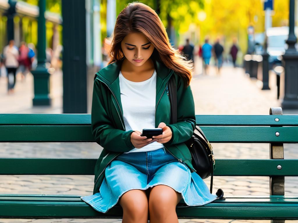 Одинокая девушка сидит на скамейке и смотрит в телефон