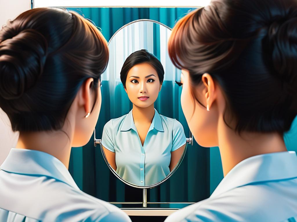 Человек аналитически смотрит на свое отражение в зеркале. Упражнение на самонаблюдение для развития
